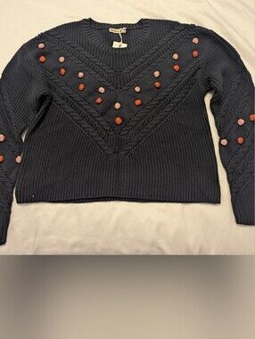 Marine Layer Dark Navy 100% Cotton Crewneck Sweater with Pink & Coral Pom-Poms